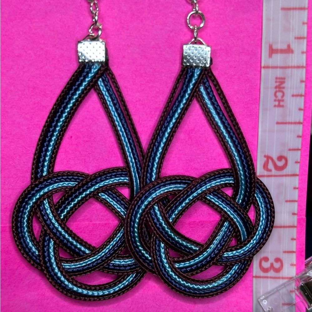 Handmade Navy Burgundy and Blue Woven Earrings - Picture 4 of 6